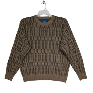Towncraft Geometric Knit Sweater Medium Vintage Brown Crewneck Retro Pullover